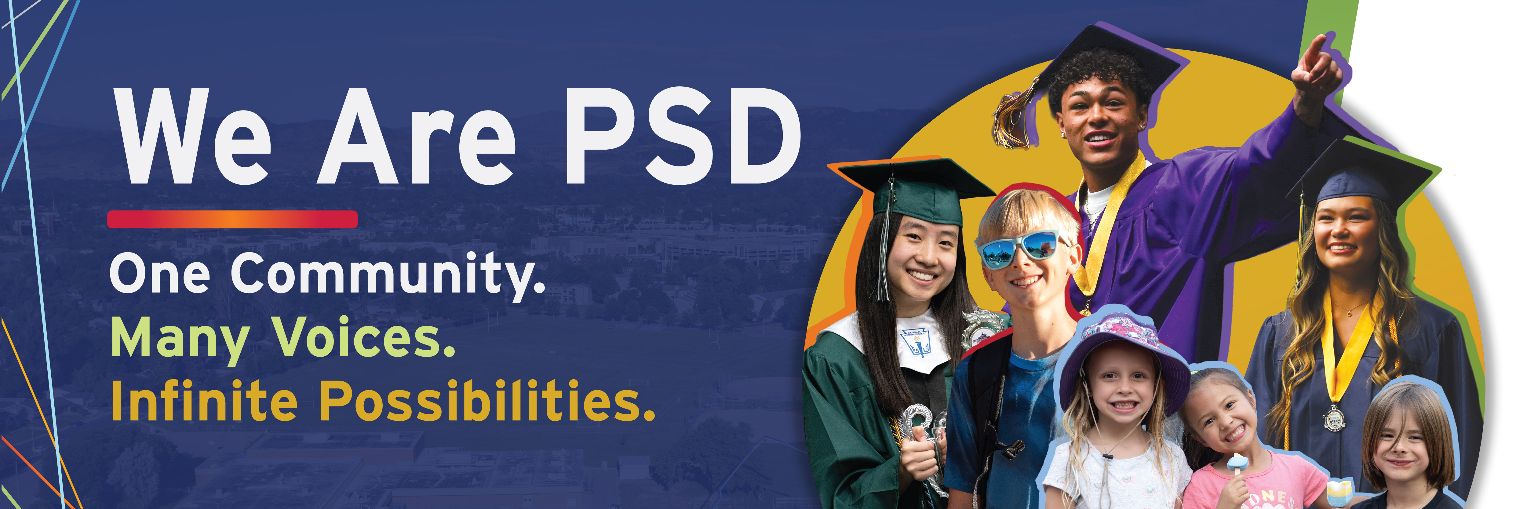 One Community.  Many Voices.  Infinite Possibilities. Collage of PSD students.