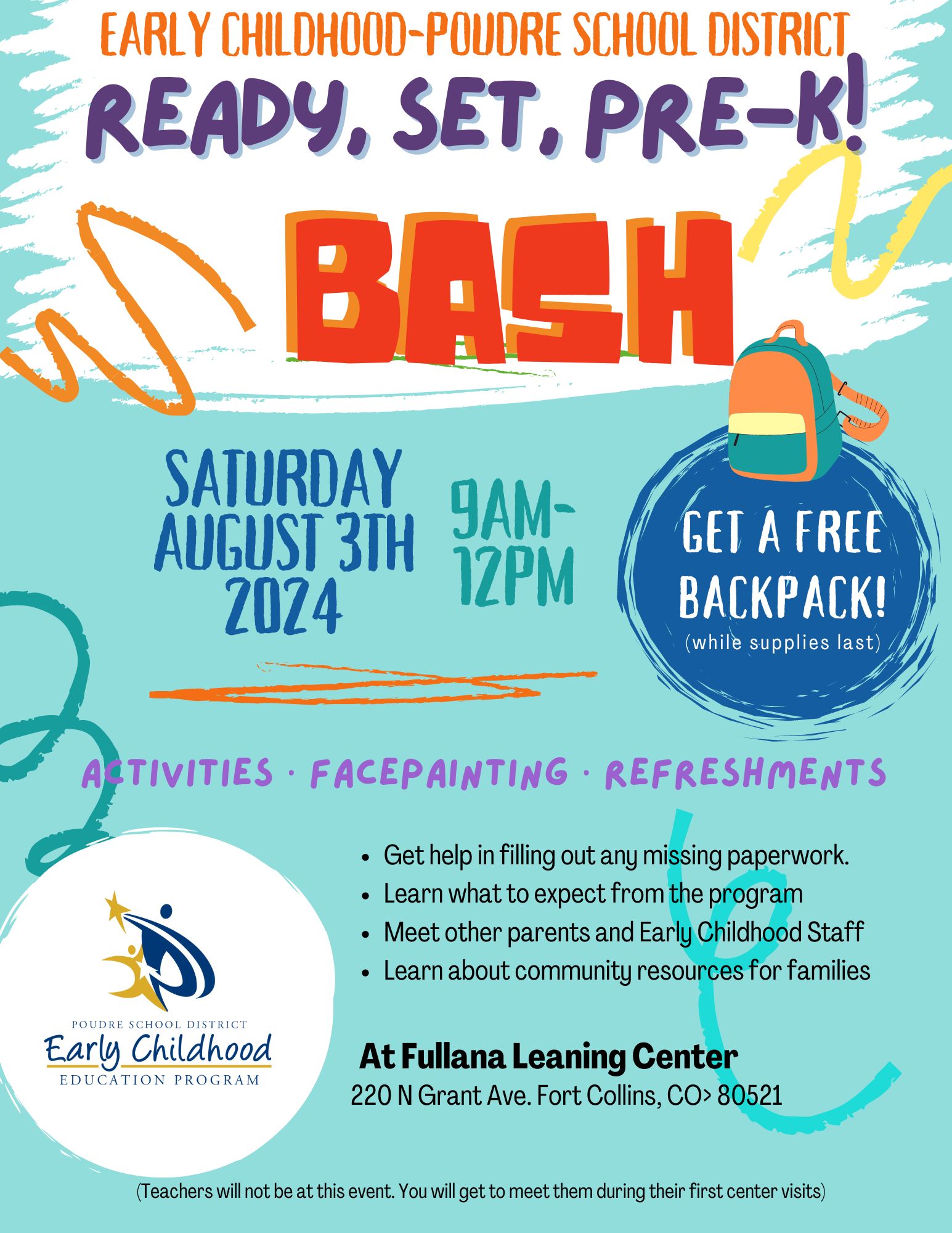 Back to School Bash. Saturday August 3rd 9-12 at Fullana, 220 N. Grant Ave., Fort Collins, CO. Learn more about our program, activities, community partners, meet other parents!
