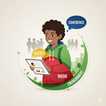 Boy with books and the words Coherence, Access, Rigor and Environment 