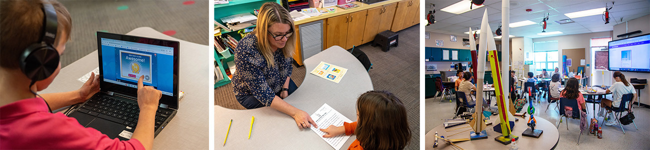 Collage of photos of students at a computer, with a teacher and in a classroom.