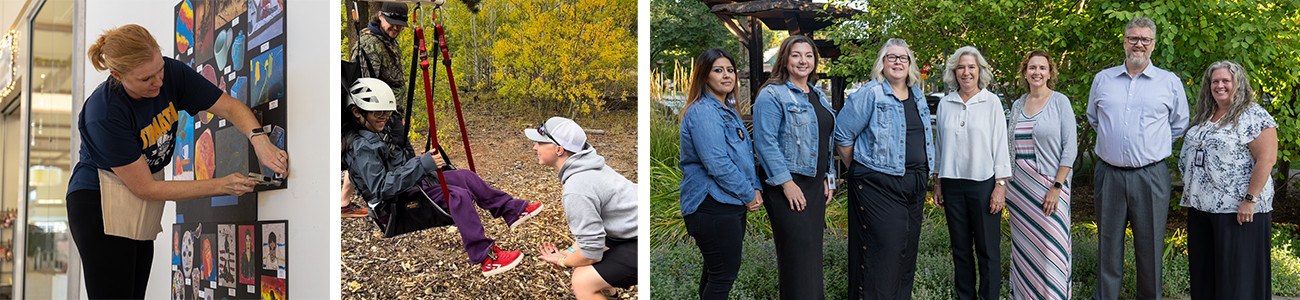 Collage of PSD staff photos - art teacher, PE teacher with student and classified staff professional development class.