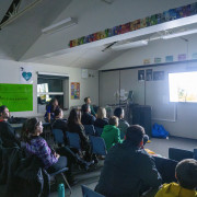 A fifth grade classroom is transformed into a theater for the Olander Eco Week Film Festival. 